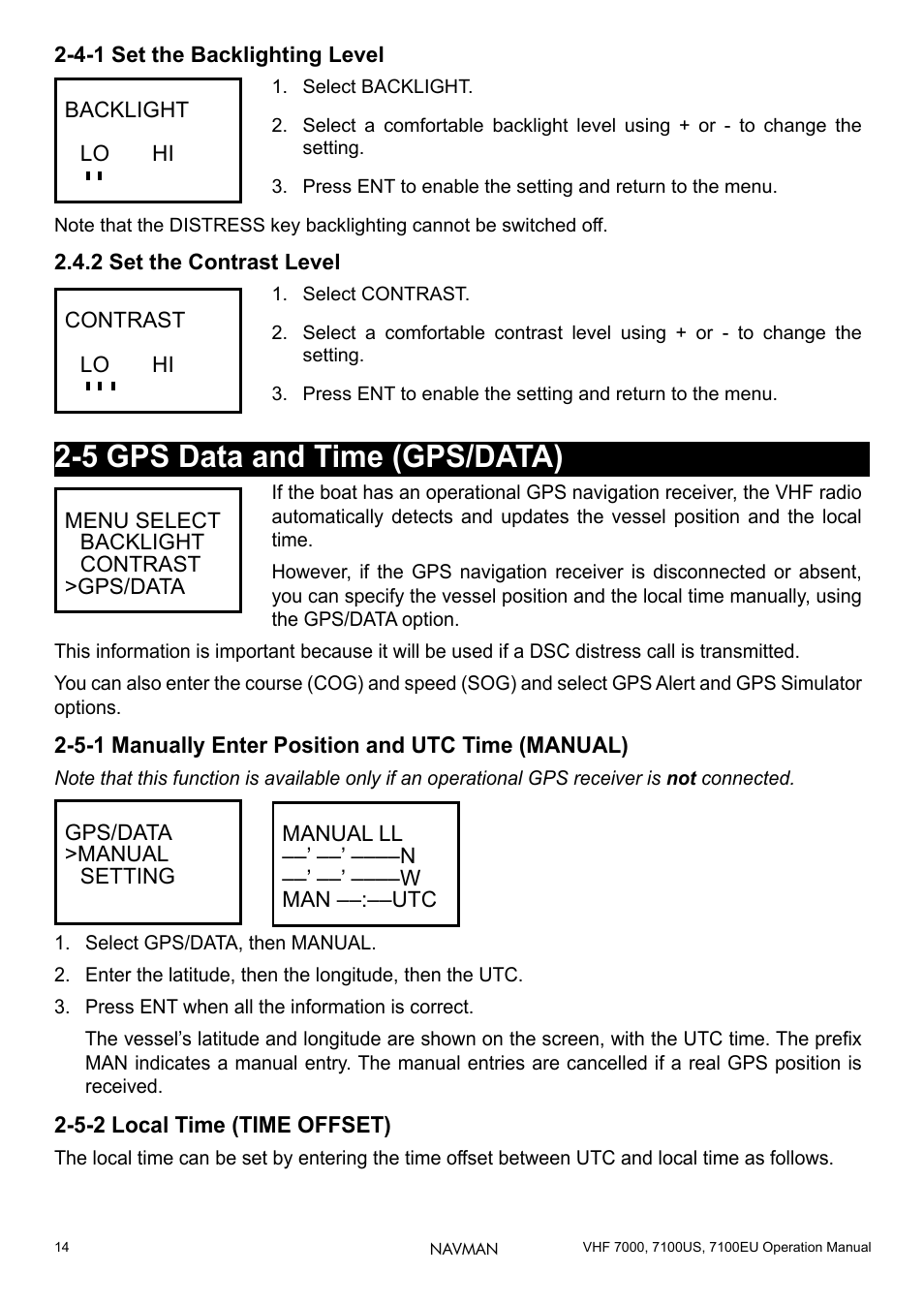 4-1 set the backlighting level, 2 set the contrast level, 5 gps data and time (gps/data) | 5-1 manually enter position and utc time (manual), 5-2 local time (time offset), 14 2-4-2 set the contrast level, 14 2-5-2 local time (time offset) | Navman 7000 User Manual | Page 14 / 52