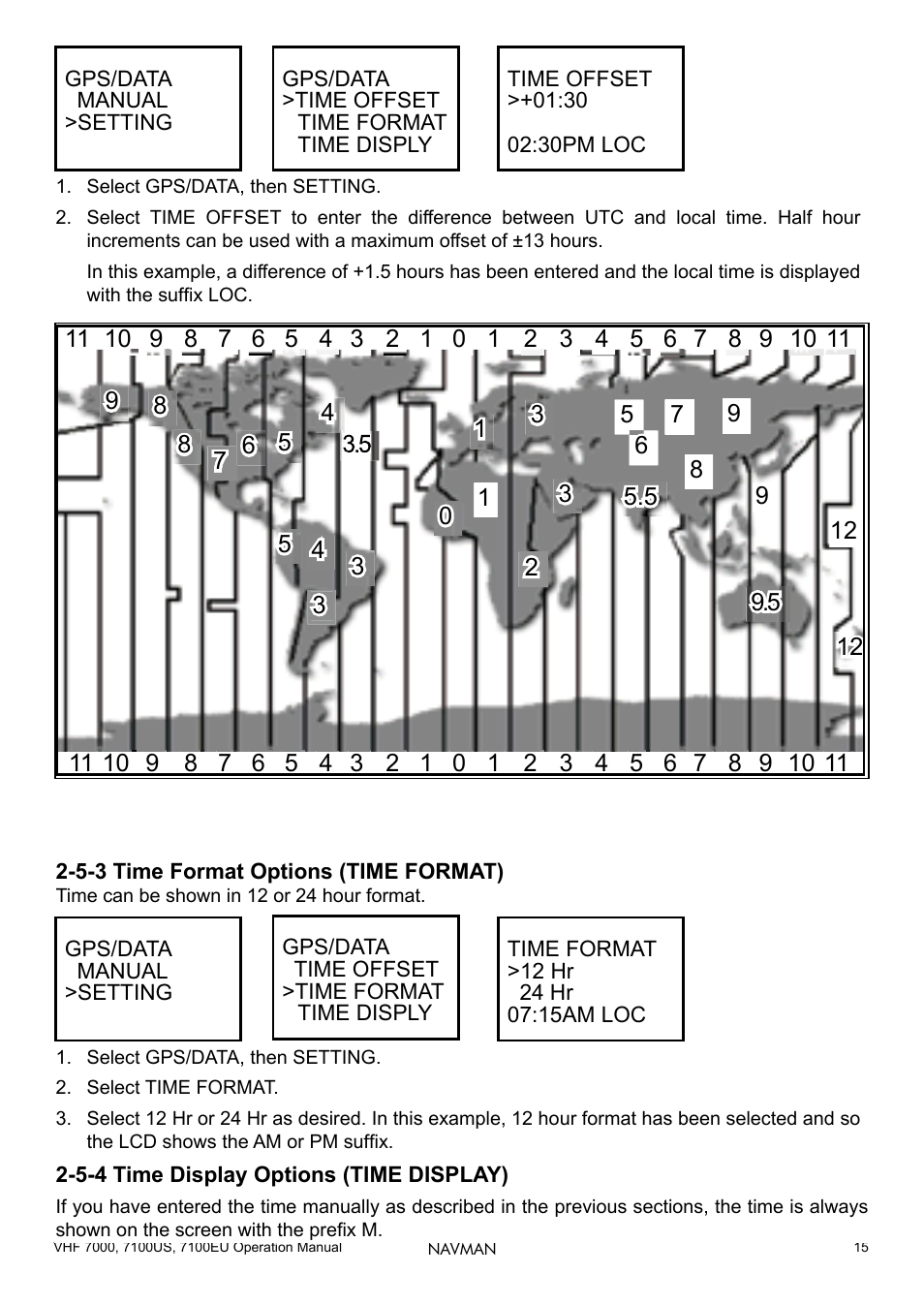 5-3 time format options (time format), 5-4 time display options (time display), 15 2-5-4 time display options (time display) | Navman 7000 User Manual | Page 15 / 52