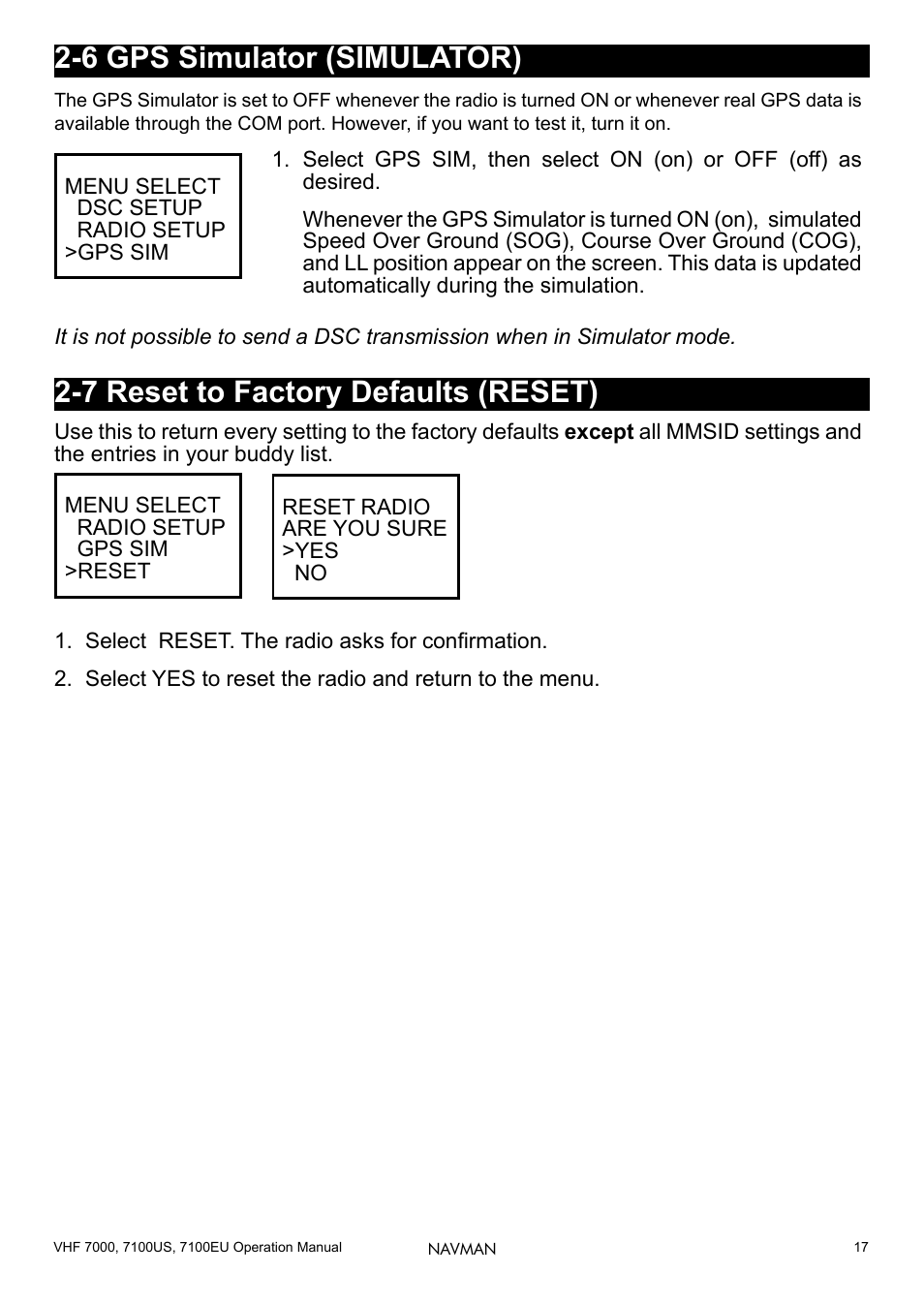 6 gps simulator (simulator), 7 reset to factory defaults (reset) | Navman 7000 User Manual | Page 17 / 52