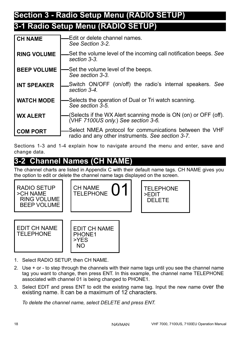 Section 3 - radio setup menu (radio setup), 1 radio setup menu (radio setup), 2 channel names (ch name) | Navman 7000 User Manual | Page 18 / 52
