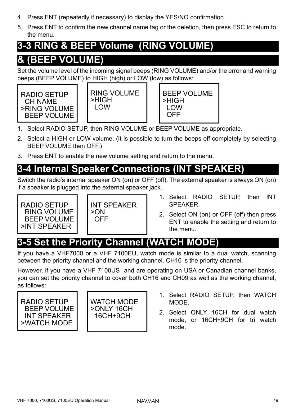 3 ring & beep volume (ring volume), Beep volume), 4 internal speaker connections (int speaker) | 5 set the priority channel (watch mode), 3 ring & beep volume (ring volume) & (beep volume) | Navman 7000 User Manual | Page 19 / 52