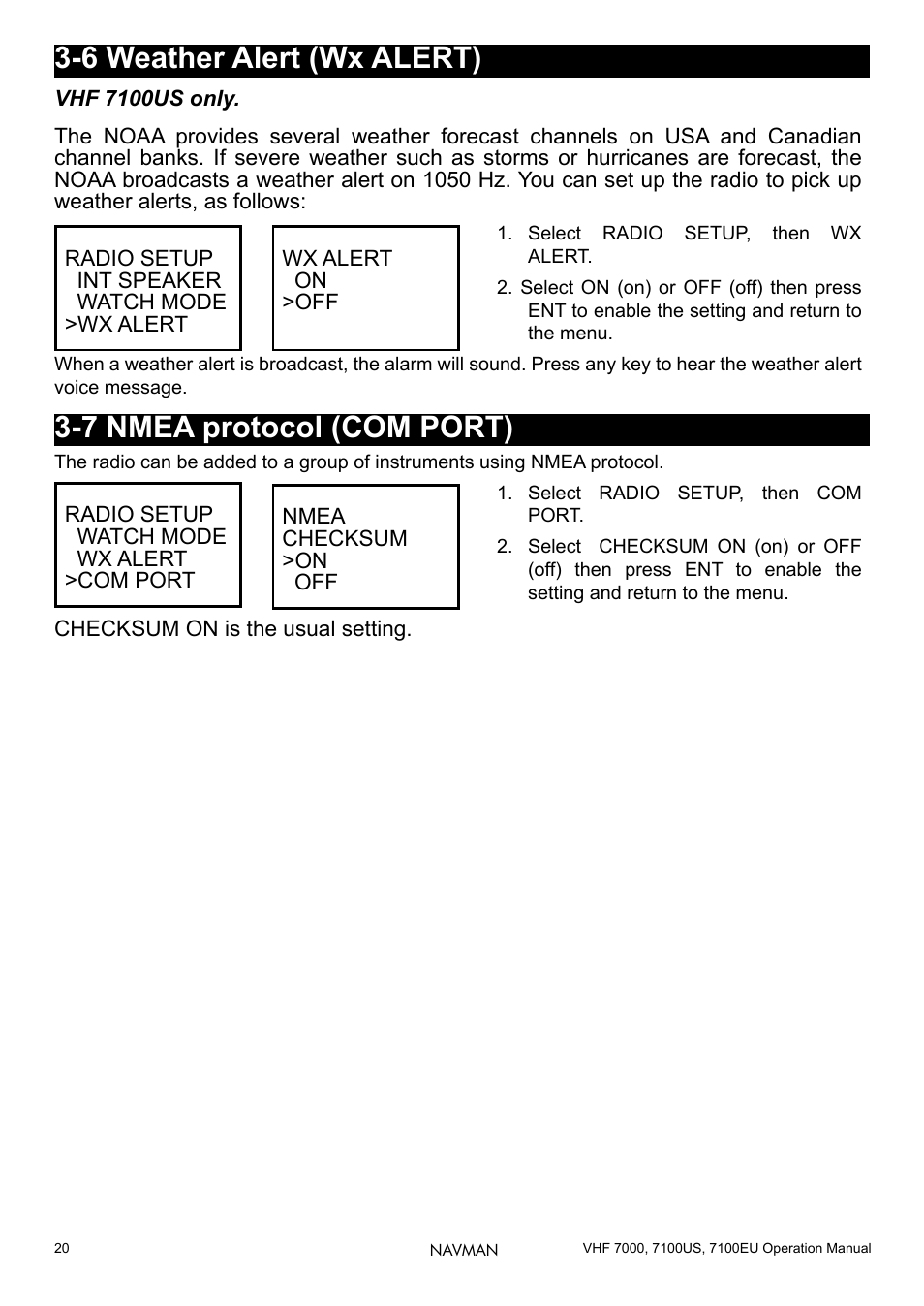 6 weather alert (wx alert), 7 nmea protocol (com port) | Navman 7000 User Manual | Page 20 / 52