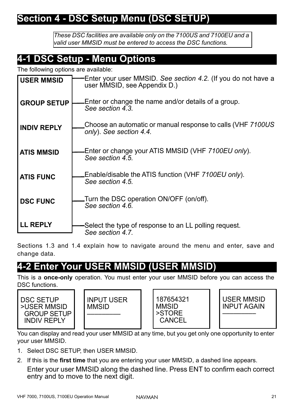Section 4 - dsc setup menu (dsc setup), 1 dsc setup - menu options, 2 enter your user mmsid (user mmsid) | Navman 7000 User Manual | Page 21 / 52