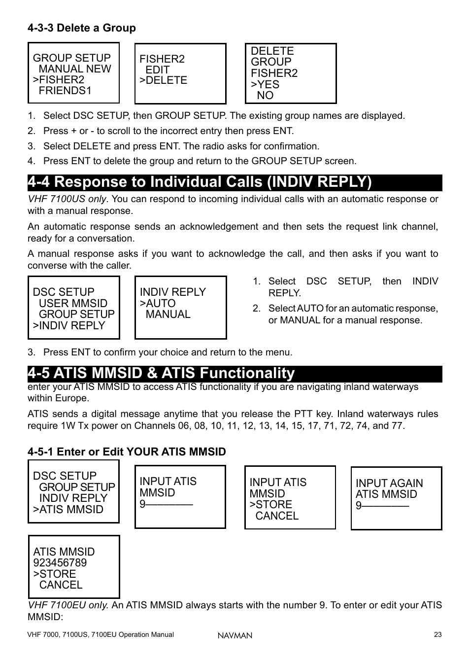 3-3 delete a group, 4 response to individual calls (indiv reply), 5 atis mmsid & atis functionality | 5-1 enter or edit your atis mmsid | Navman 7000 User Manual | Page 23 / 52