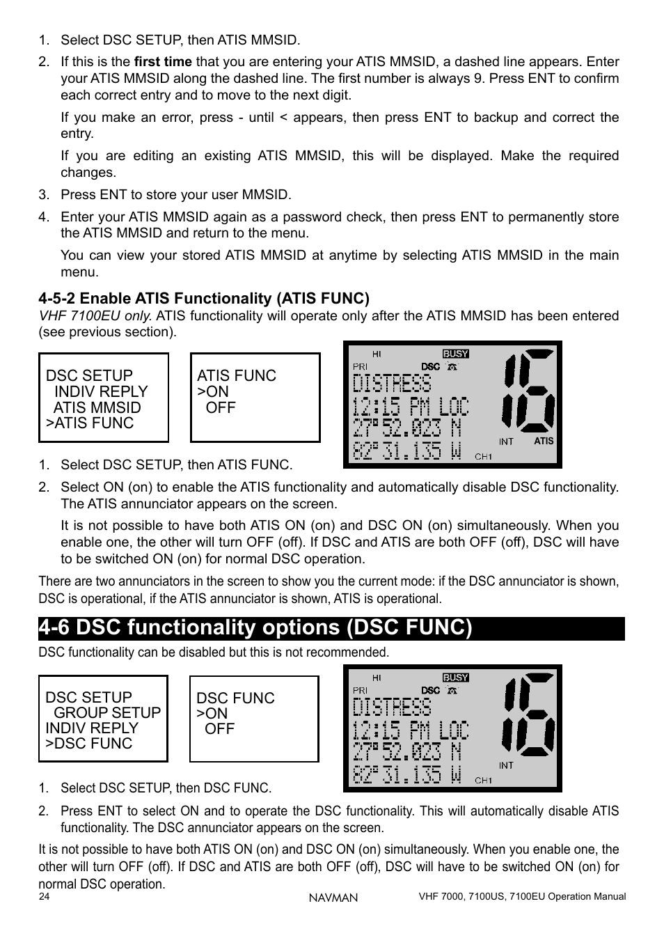 5-2 enable atis functionality (atis func), 6 dsc functionality options (dsc func) | Navman 7000 User Manual | Page 24 / 52