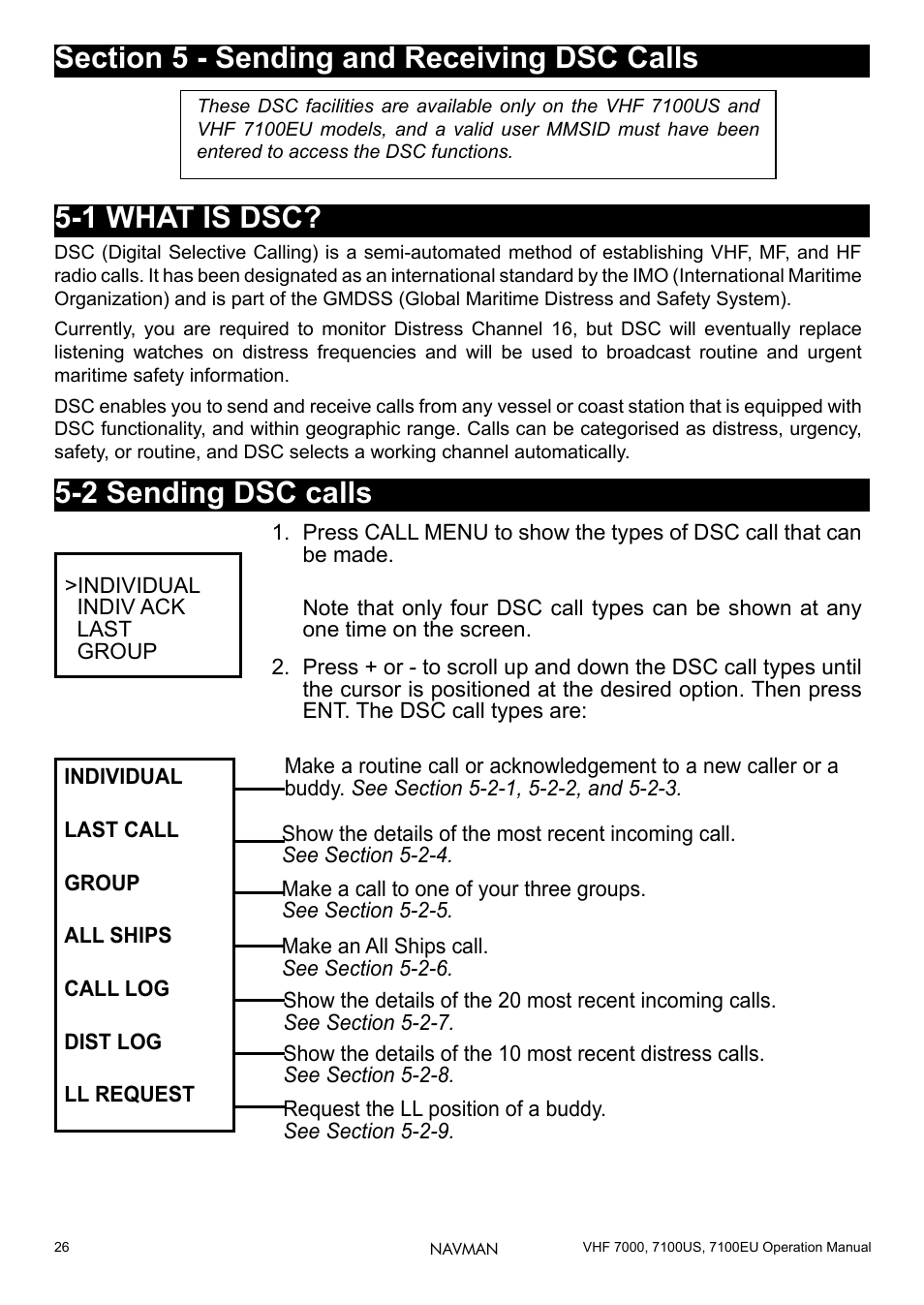 Section 5 - sending and receiving dsc calls, 1 what is dsc, 2 sending dsc calls | Navman 7000 User Manual | Page 26 / 52