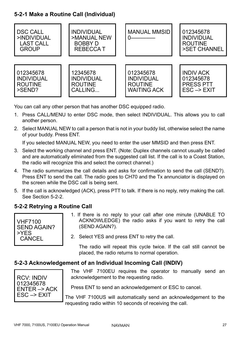 2-1 make a routine call (individual), 2-2 retrying a routine call, 27 5-2-2 retrying a routine call | Navman 7000 User Manual | Page 27 / 52