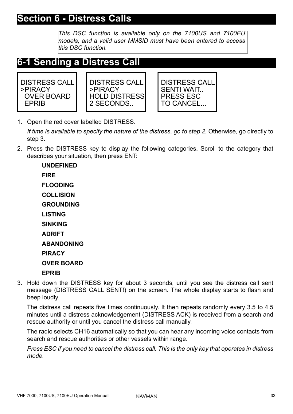 Section 6 - distress calls, 1 sending a distress call | Navman 7000 User Manual | Page 33 / 52