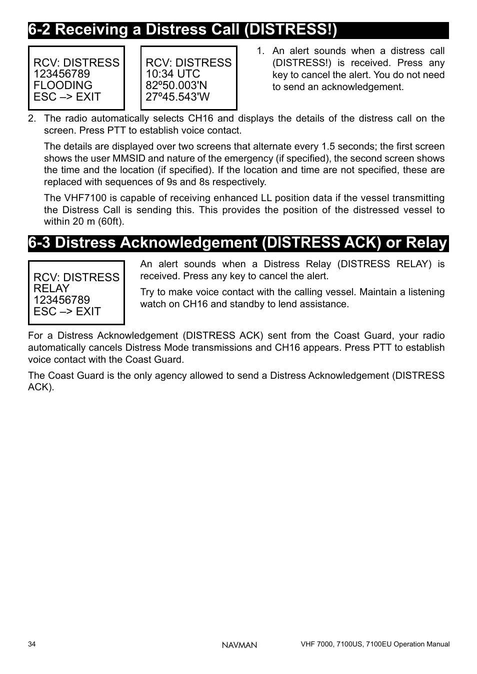 2 receiving a distress call (distress!), 3 distress acknowledgement (distress ack) or relay | Navman 7000 User Manual | Page 34 / 52