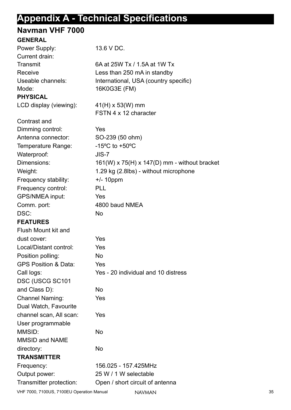 Appendix a - technical specifications, Navman vhf 7000 | Navman 7000 User Manual | Page 35 / 52