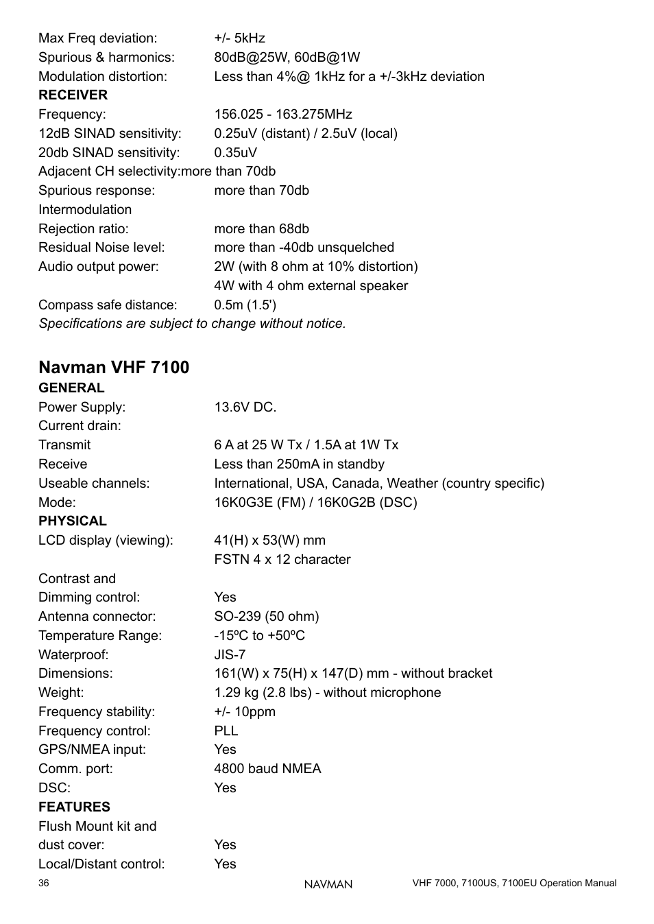 Navman vhf 7100 | Navman 7000 User Manual | Page 36 / 52