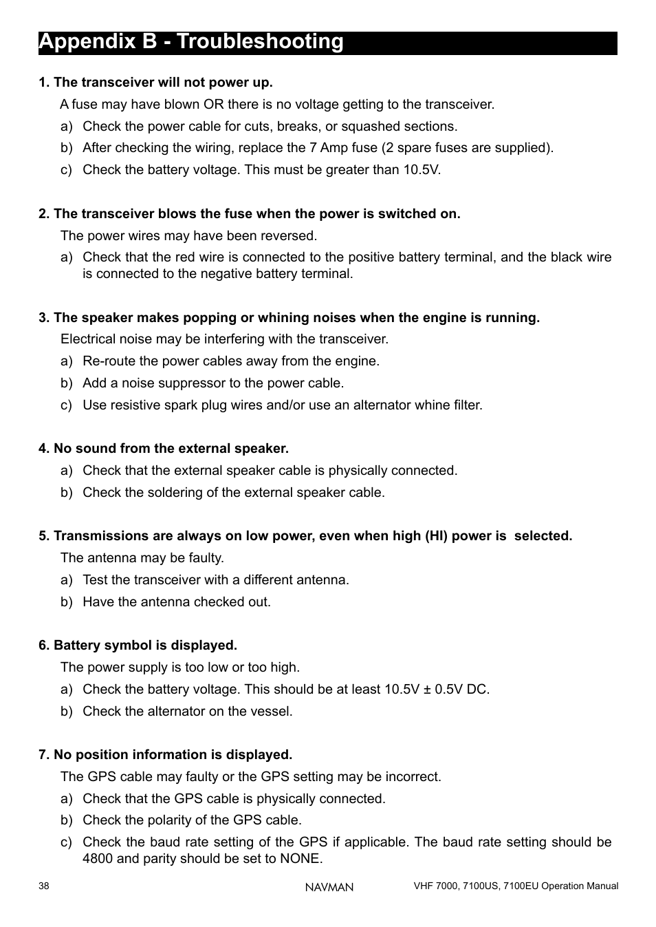 Appendix b - troubleshooting | Navman 7000 User Manual | Page 38 / 52