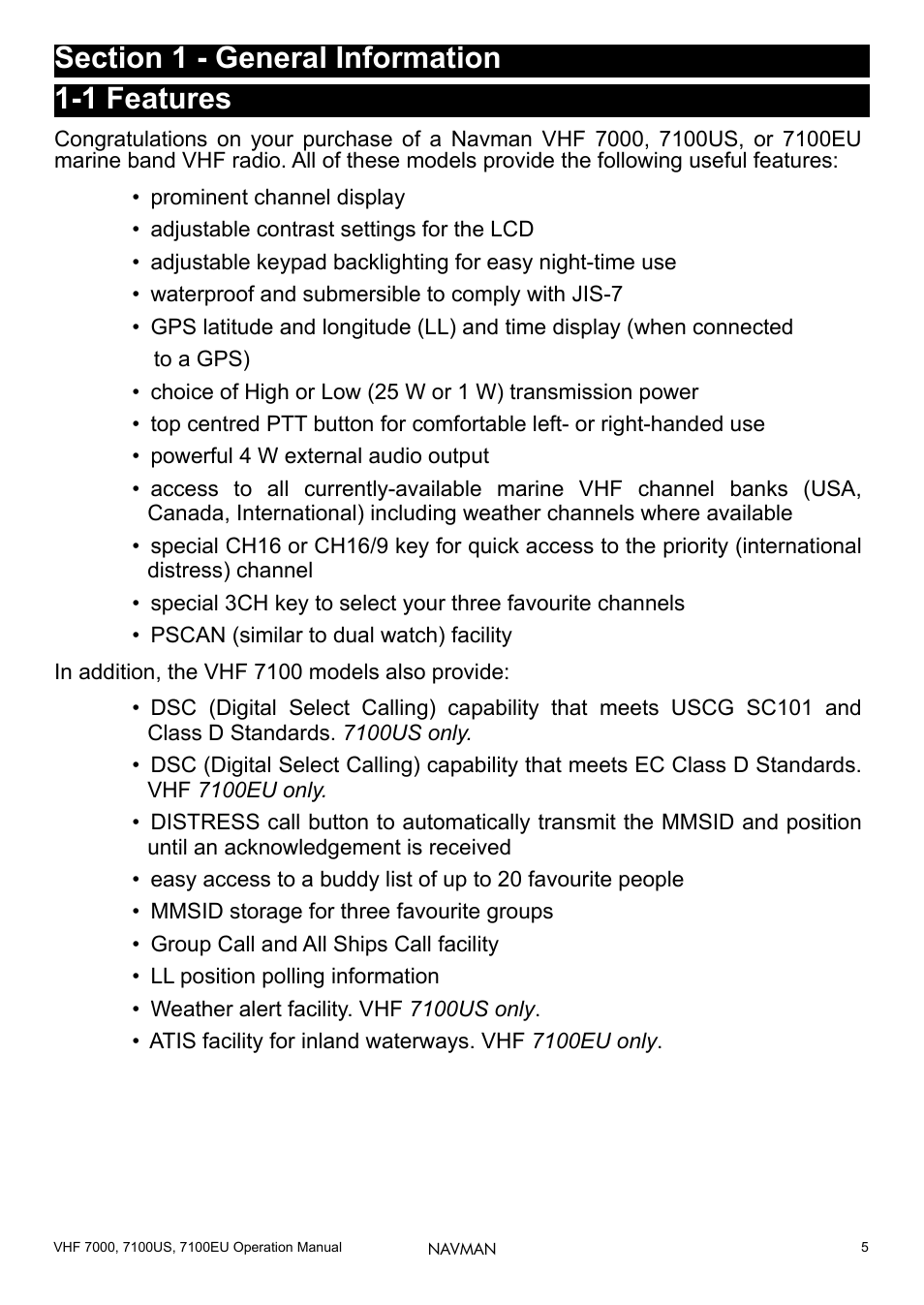 Section 1 - general information, 1 features | Navman 7000 User Manual | Page 5 / 52