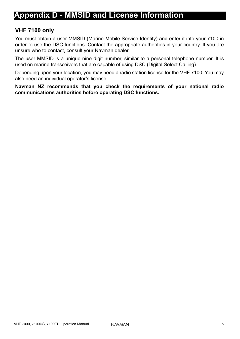 Appendix d - mmsid & license information, Appendix d - mmsid and license information | Navman 7000 User Manual | Page 51 / 52
