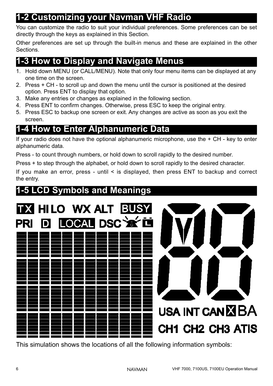 2 customizing your navman vhf radio, 3 how to display and navigate menus, 4 how to enter alphanumeric data | 5 lcd symbols and meanings | Navman 7000 User Manual | Page 6 / 52