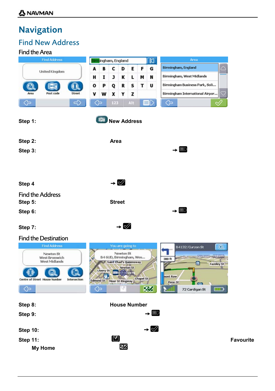 Navigation, Find new address, Find the area | Find the address, Find the destination | Navman F-Series User Manual | Page 10 / 24