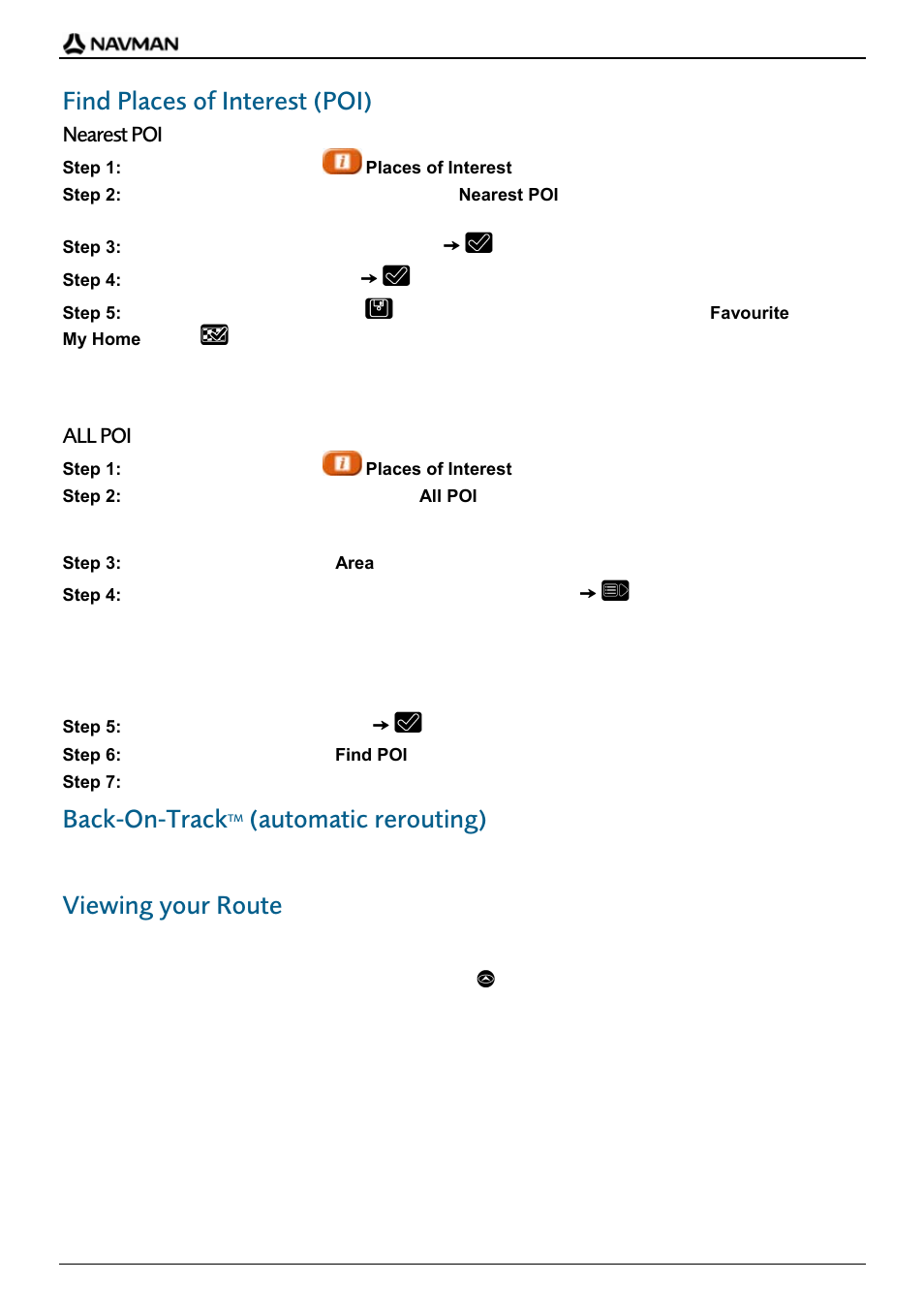 Find places of interest (poi), Back-on-track, Automatic rerouting) | Viewing your route | Navman F-Series User Manual | Page 12 / 24