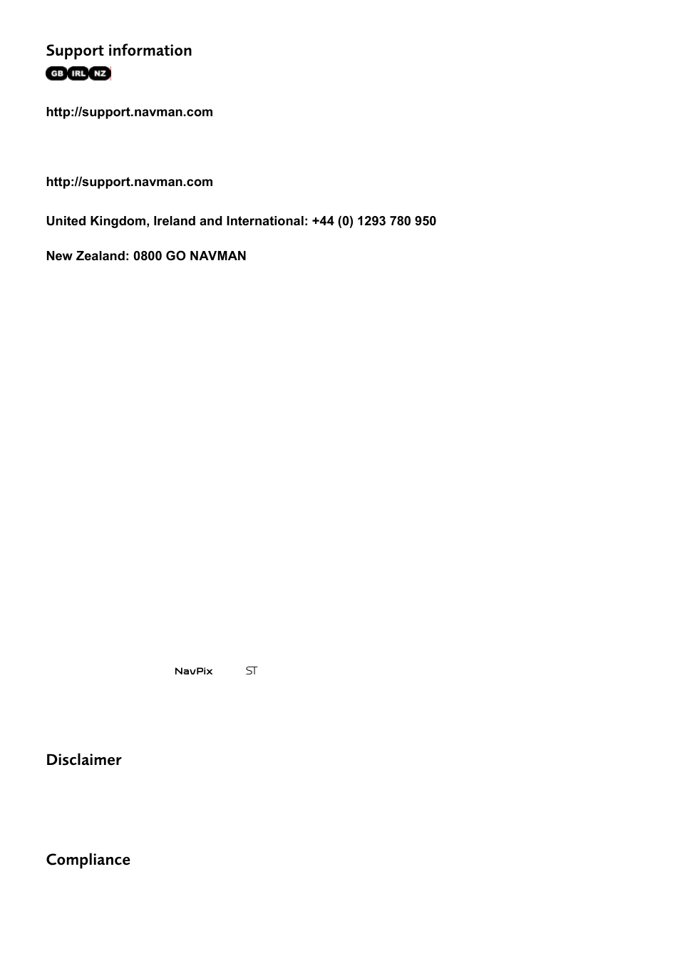 Support information, Disclaimer, Compliance | Navman F-Series User Manual | Page 2 / 24