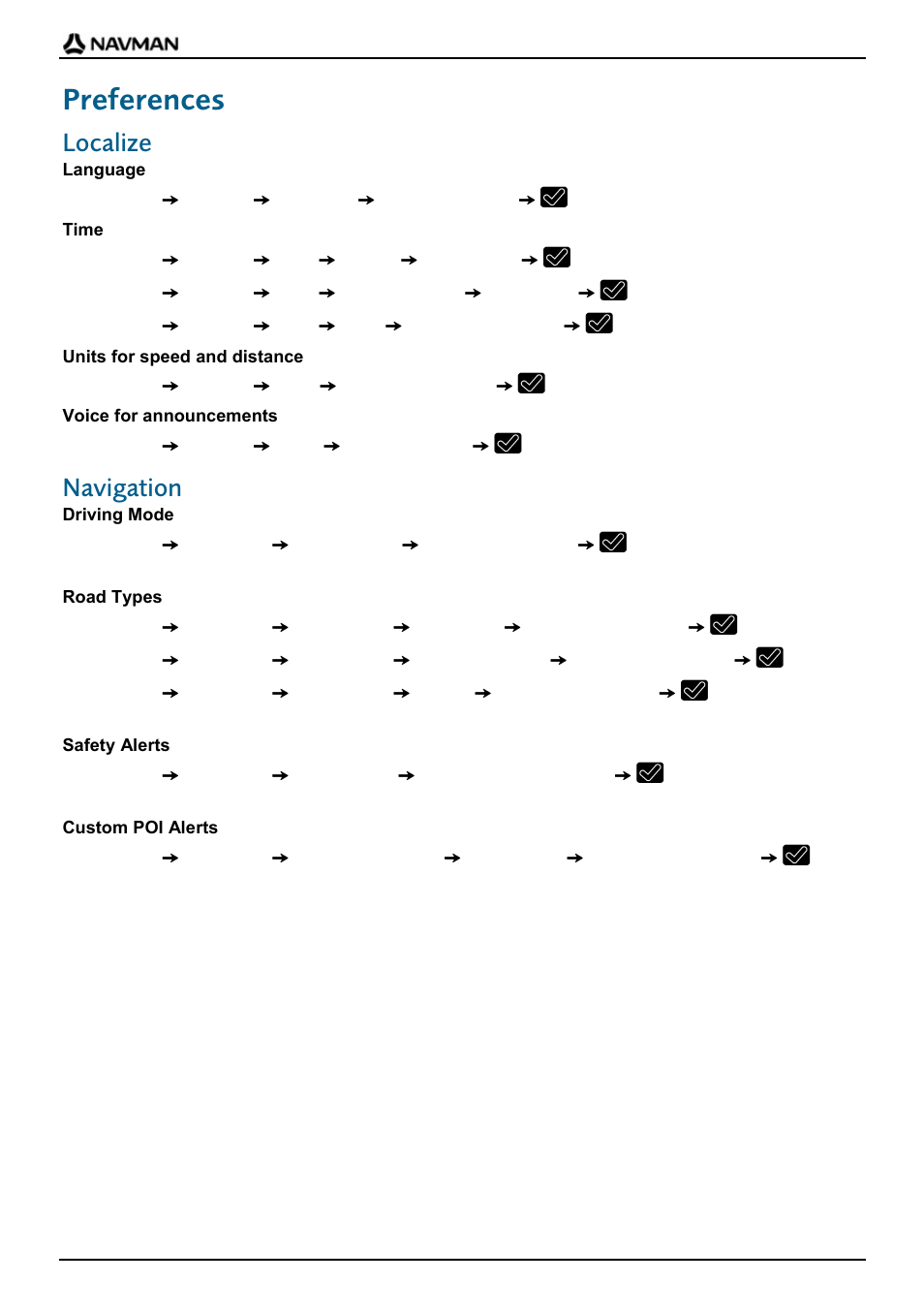 Preferences, Localize, Navigation | Navman F-Series User Manual | Page 20 / 24