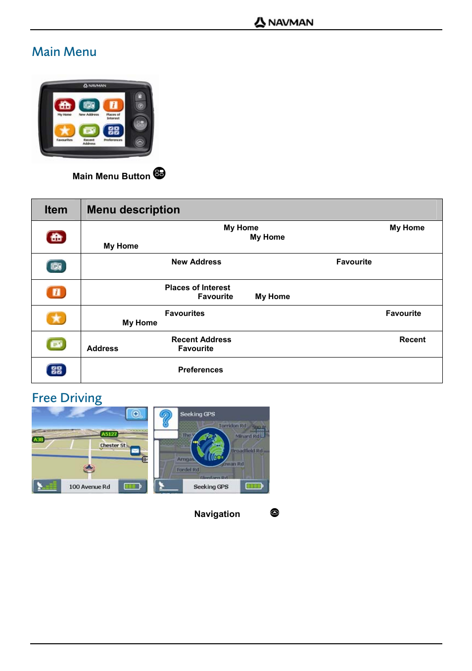 Main menu, Free driving, Item menu description | Navman F-Series User Manual | Page 9 / 24