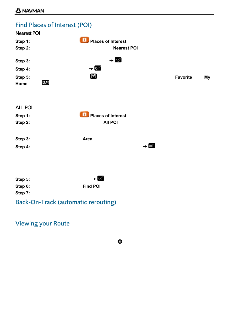 Find places of interest (poi), Back-on-track (automatic rerouting), Viewing your route | Navman F20 Europe User Manual | Page 12 / 24