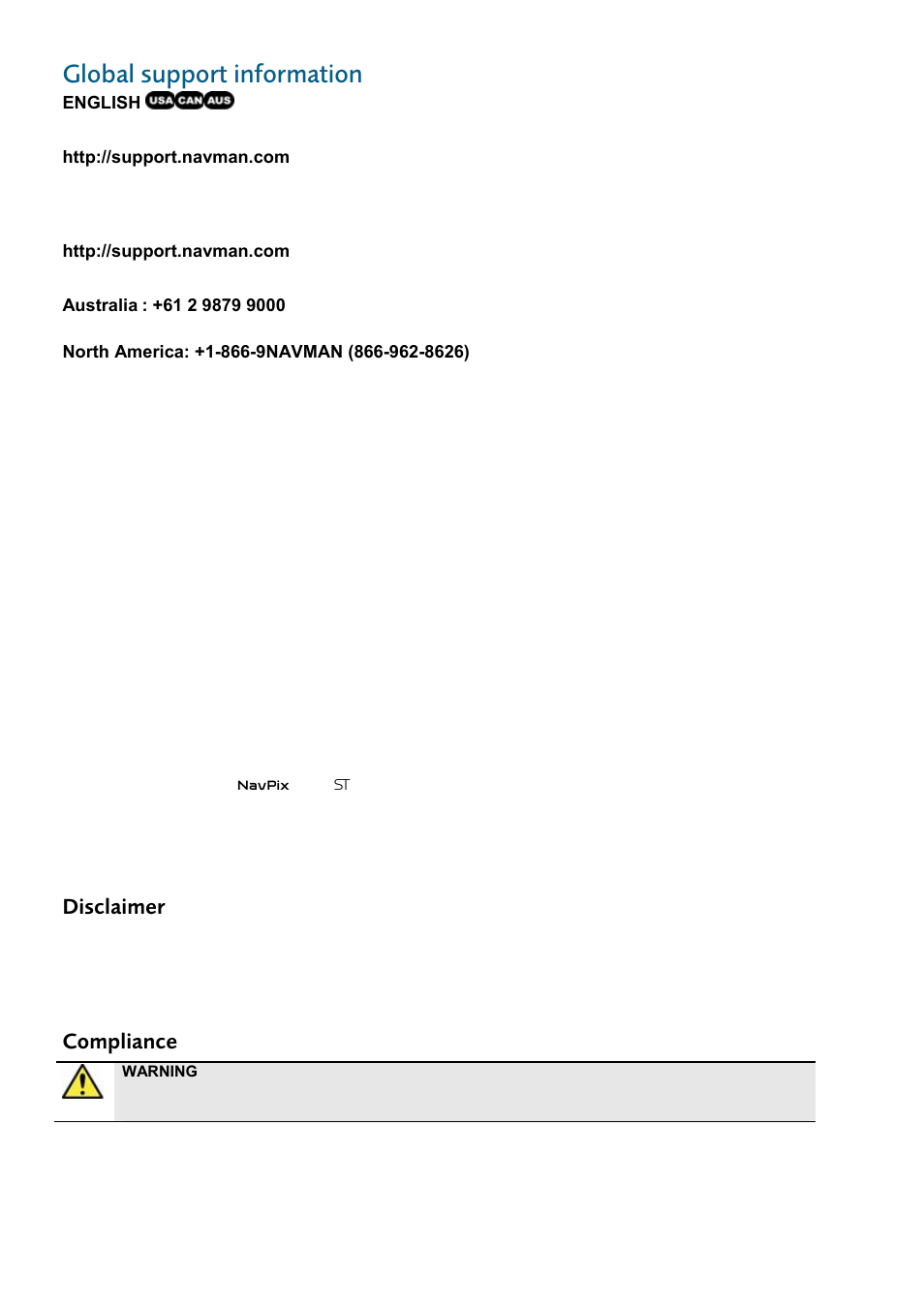 Global support information, Disclaimer, Compliance | Navman F20 Europe User Manual | Page 2 / 24