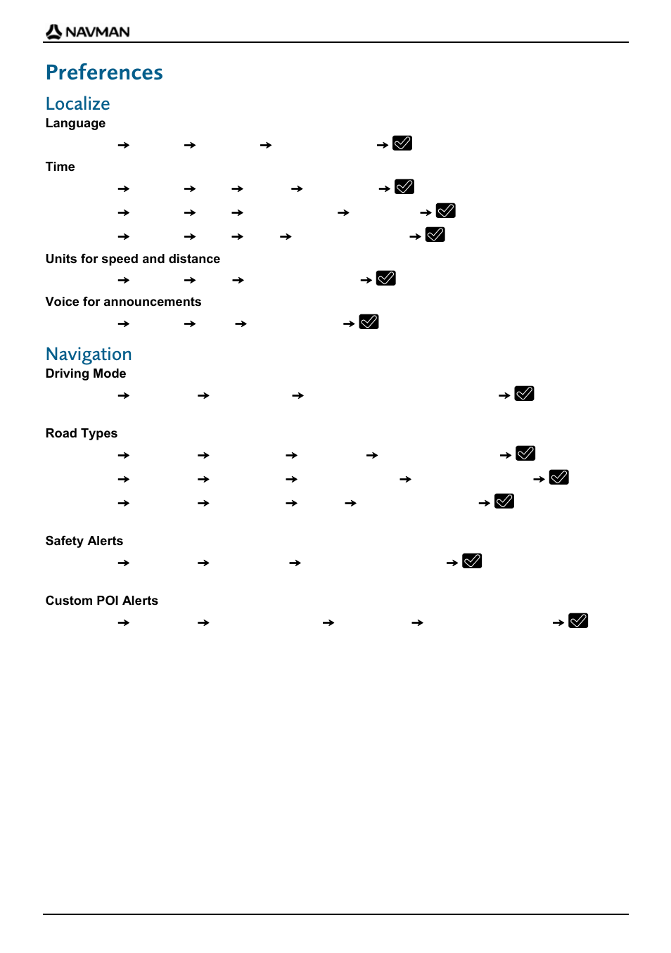 Preferences, Localize, Navigation | Navman F20 Europe User Manual | Page 20 / 24