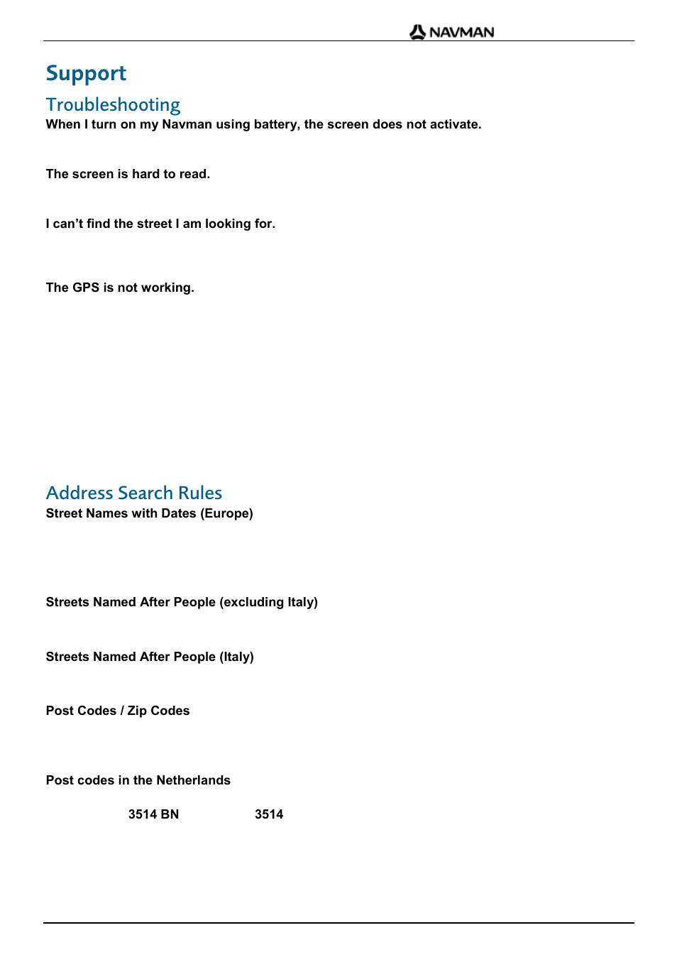 Support, Troubleshooting, Address search rules | Navman F20 Europe User Manual | Page 23 / 24