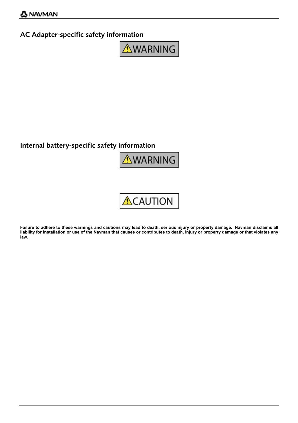 Ac adapter-specific safety information, Internal battery-specific safety information | Navman F20 Europe User Manual | Page 4 / 24