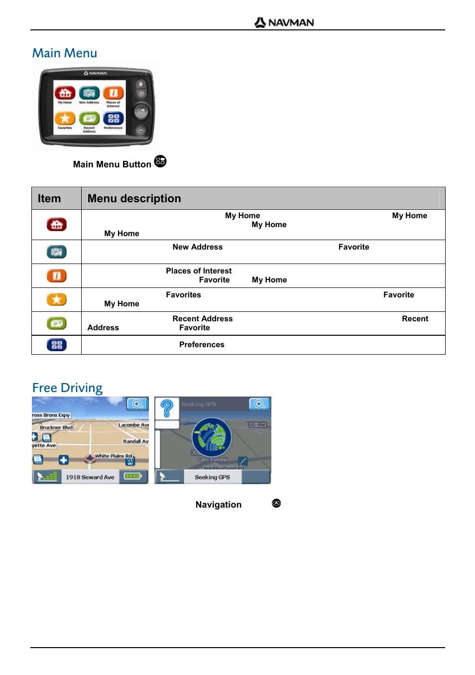 Main menu, Free driving, Item menu description | Navman F20 Europe User Manual | Page 9 / 24