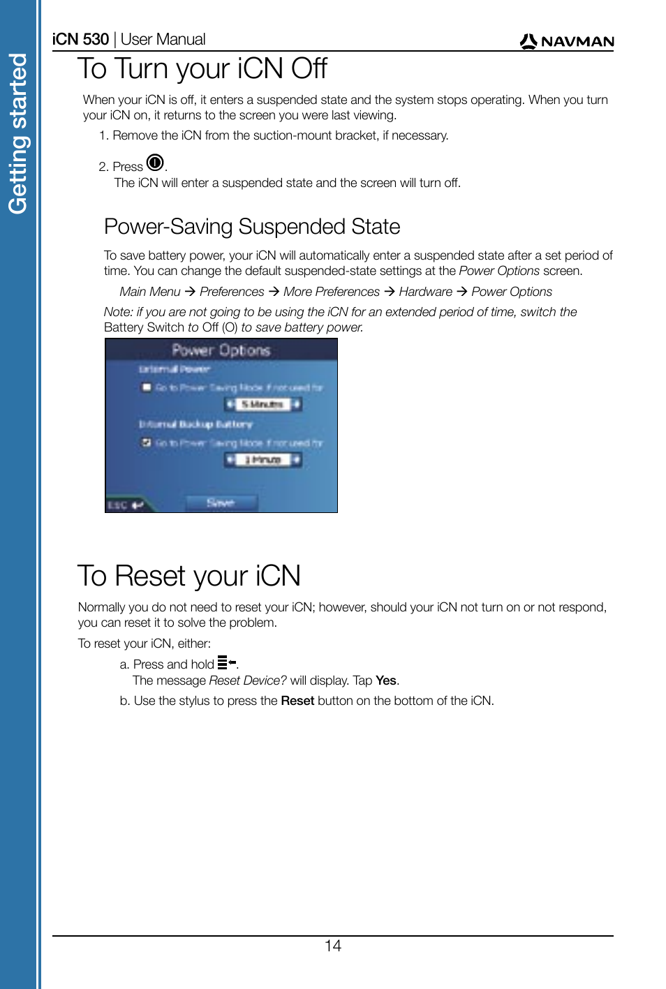 Get tin g st ar te d, Power-saving suspended state | Navman SmartS iCN530 User Manual | Page 14 / 72