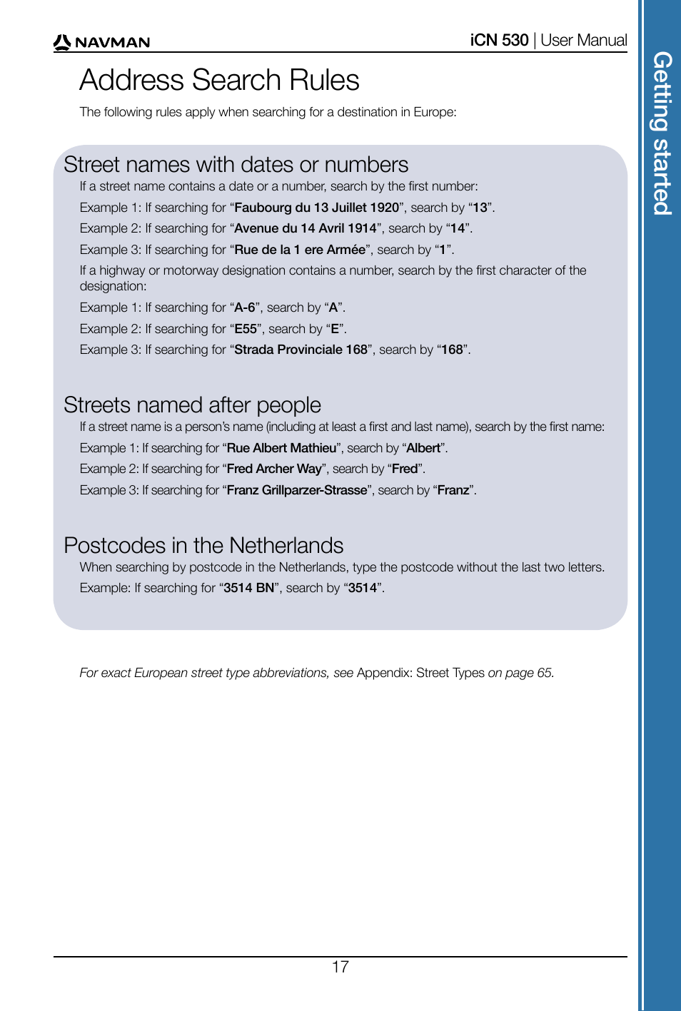 Address search rules, Get tin g s ta rte d | Navman SmartS iCN530 User Manual | Page 17 / 72