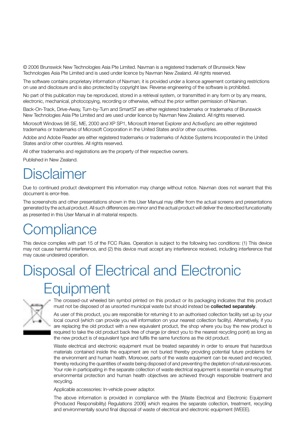 Disclaimer, Disposal of electrical and electronic equipment, Compliance | Navman SmartS iCN530 User Manual | Page 2 / 72