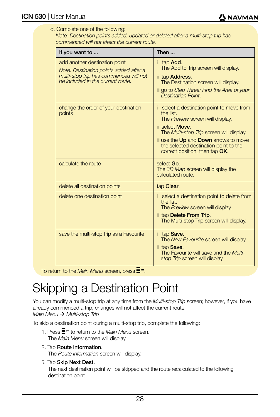 Skipping a destination point | Navman SmartS iCN530 User Manual | Page 28 / 72