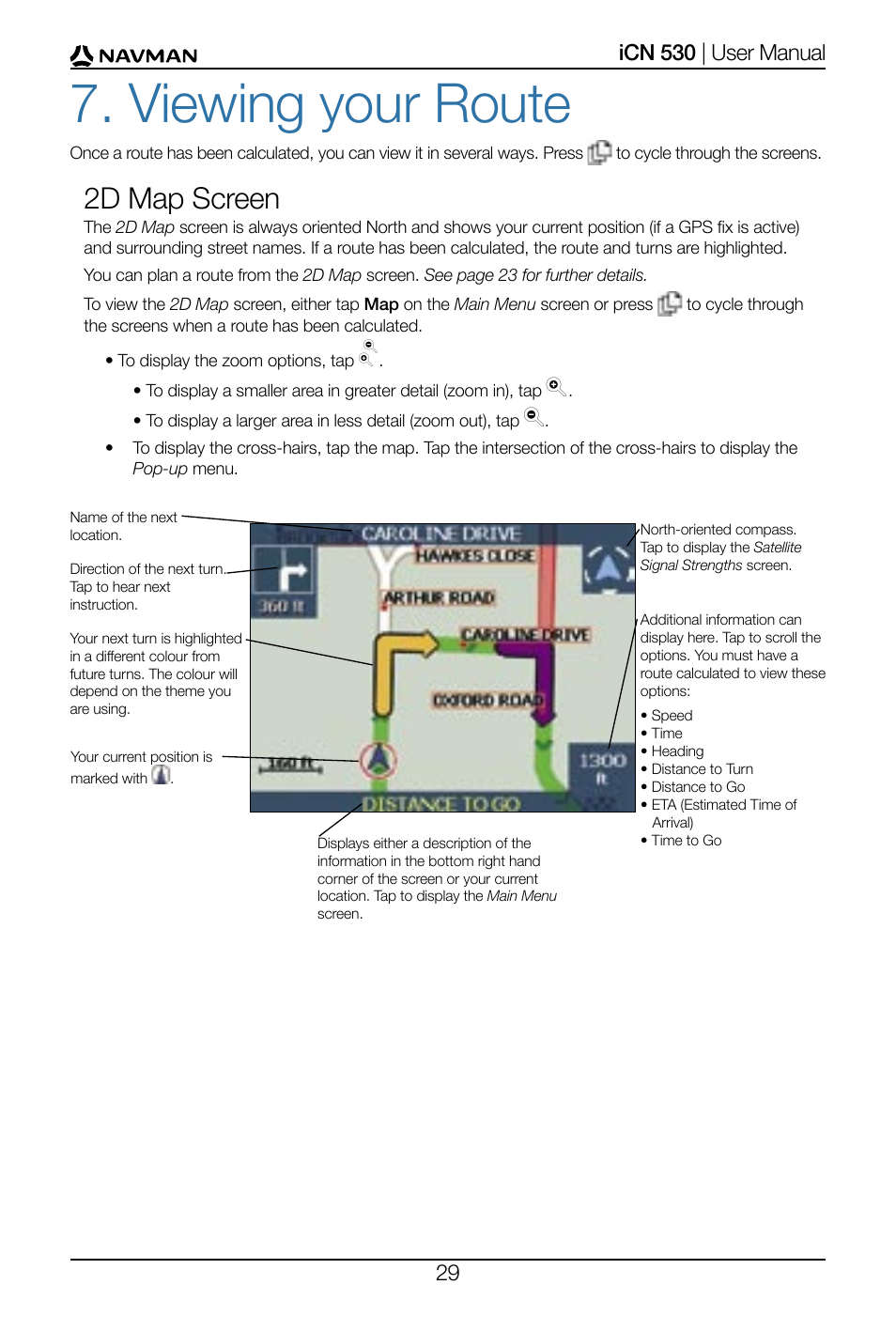 Viewing your route, 2d map screen | Navman SmartS iCN530 User Manual | Page 29 / 72