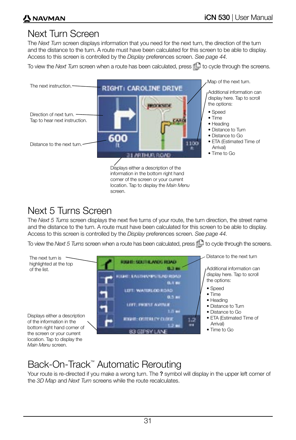 Next turn screen, Next 5 turns screen, Back-on-track | Automatic rerouting | Navman SmartS iCN530 User Manual | Page 31 / 72