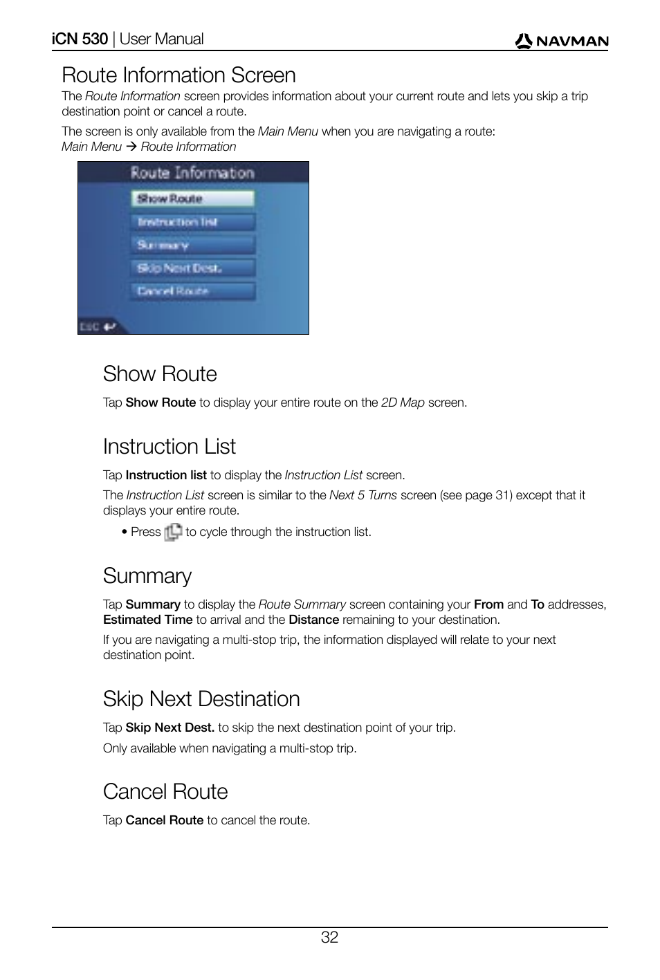 Route information screen, Show route, Instruction list | Summary, Skip next destination, Cancel route | Navman SmartS iCN530 User Manual | Page 32 / 72