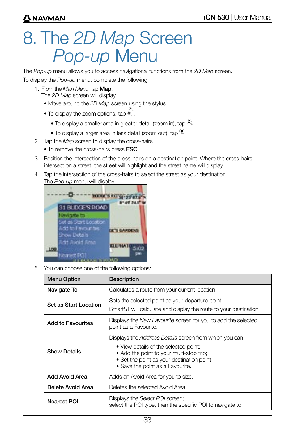 The 2d map screen pop-up menu | Navman SmartS iCN530 User Manual | Page 33 / 72