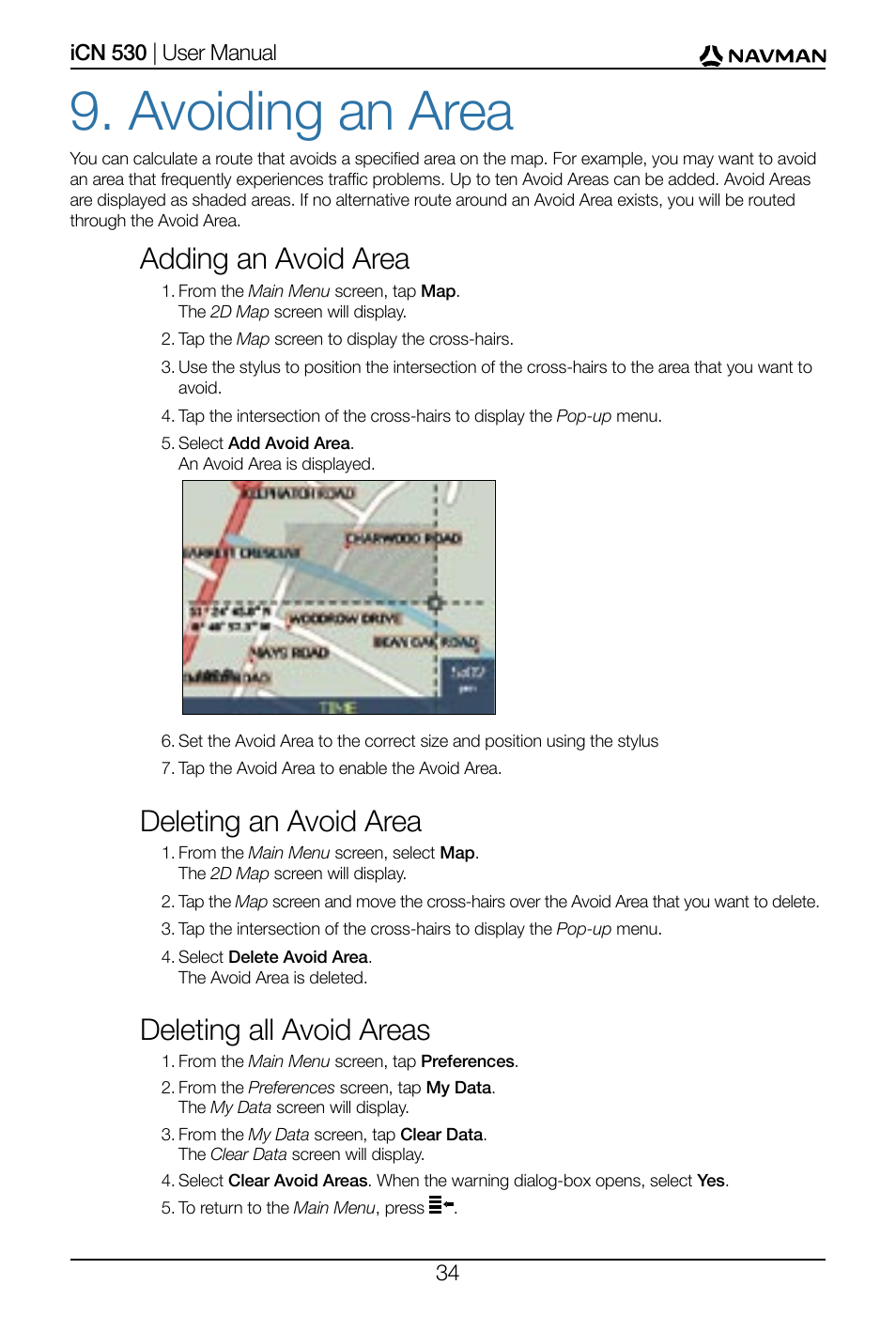 Avoiding an area, Adding an avoid area, Deleting an avoid area | Deleting all avoid areas | Navman SmartS iCN530 User Manual | Page 34 / 72