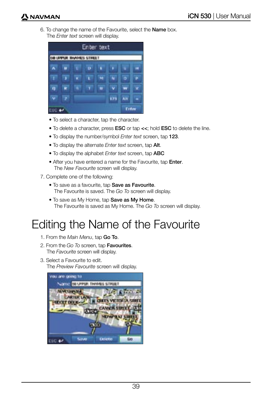 Editing the name of the favourite | Navman SmartS iCN530 User Manual | Page 39 / 72