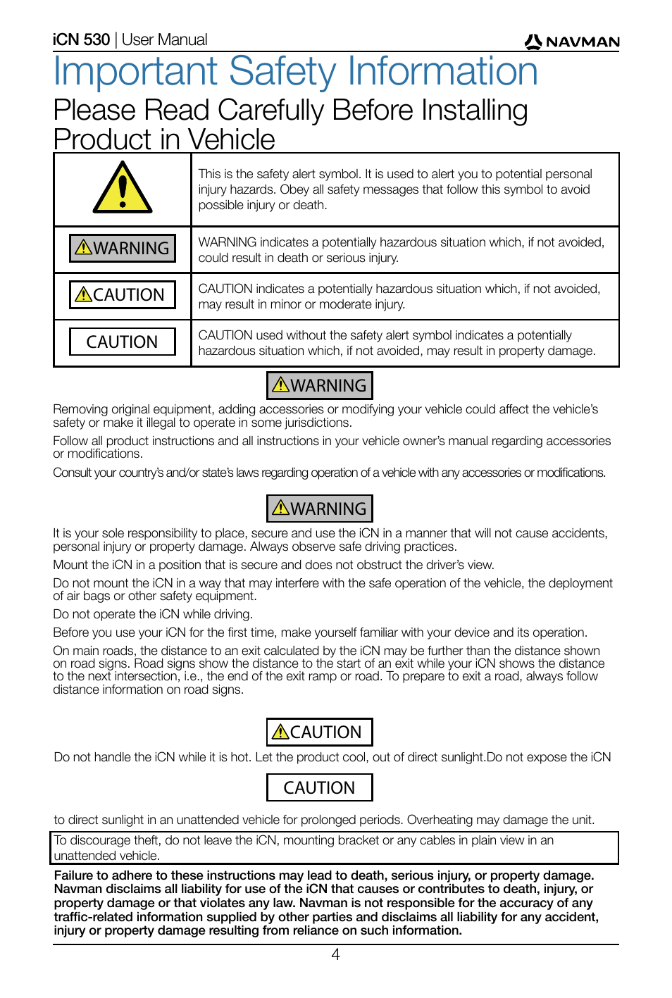 Important safety information | Navman SmartS iCN530 User Manual | Page 4 / 72