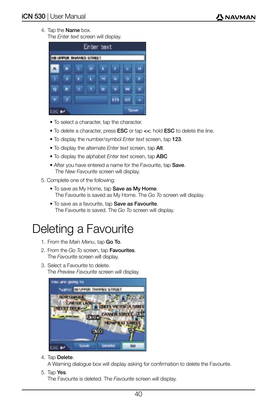 Deleting a favourite | Navman SmartS iCN530 User Manual | Page 40 / 72