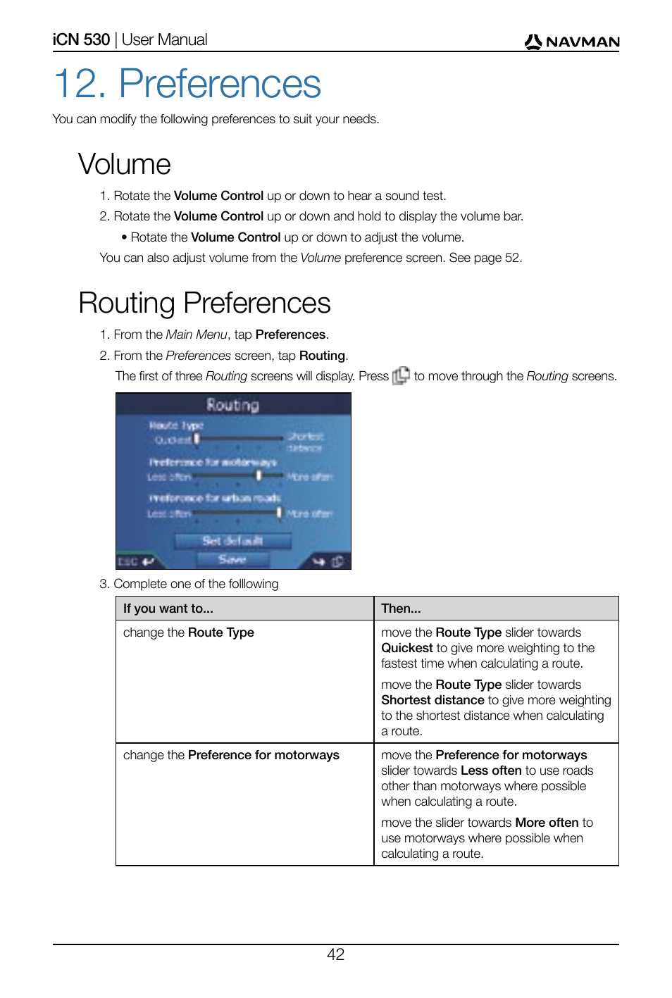 Preferences, Volume, Routing preferences | Navman SmartS iCN530 User Manual | Page 42 / 72