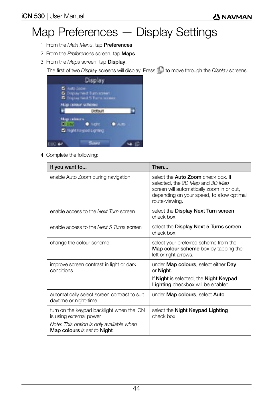 Map preferences — display settings | Navman SmartS iCN530 User Manual | Page 44 / 72