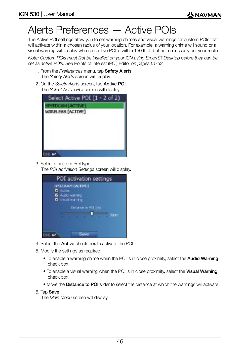 Alerts preferences — active pois | Navman SmartS iCN530 User Manual | Page 46 / 72