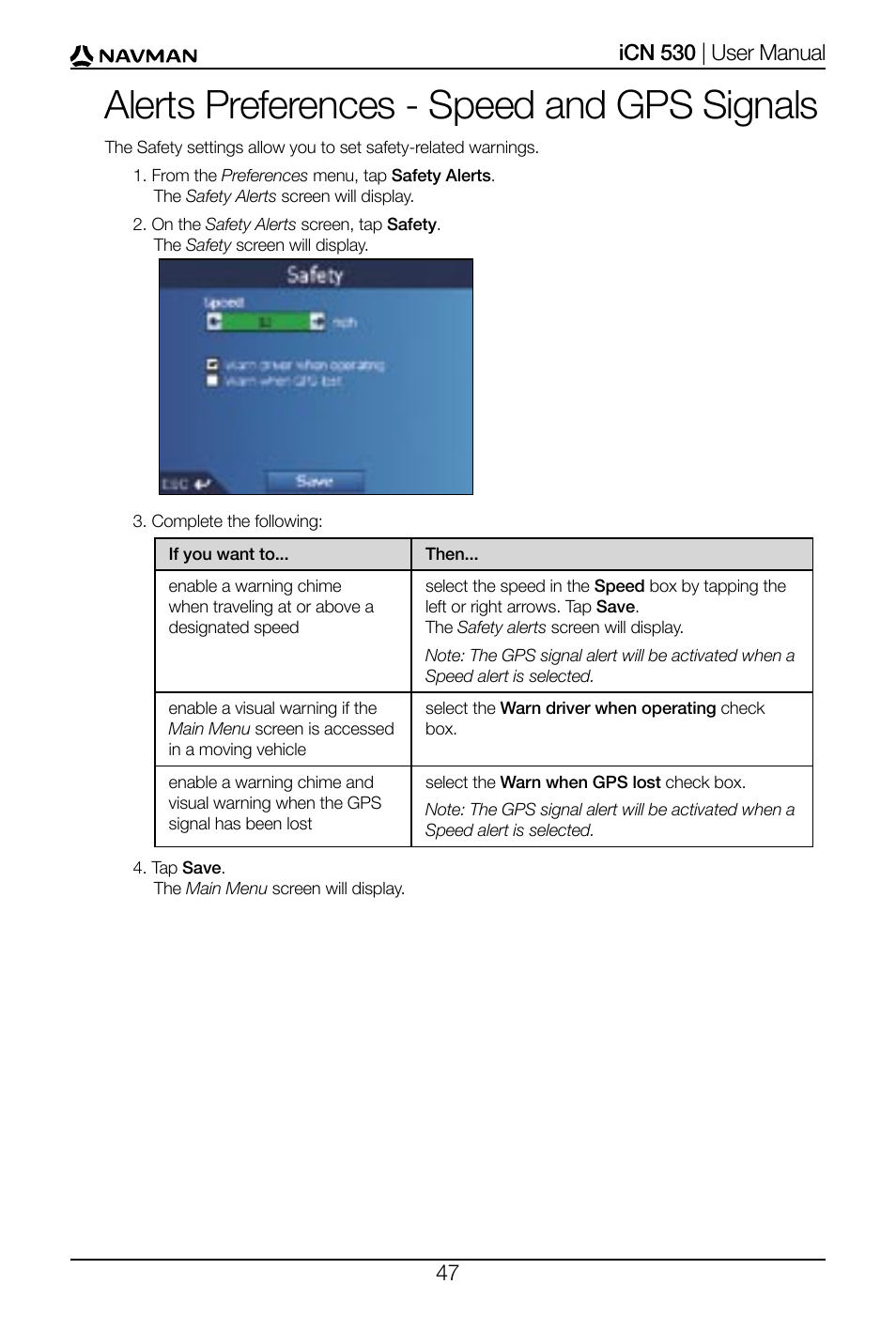 Alerts preferences - speed and gps signals | Navman SmartS iCN530 User Manual | Page 47 / 72