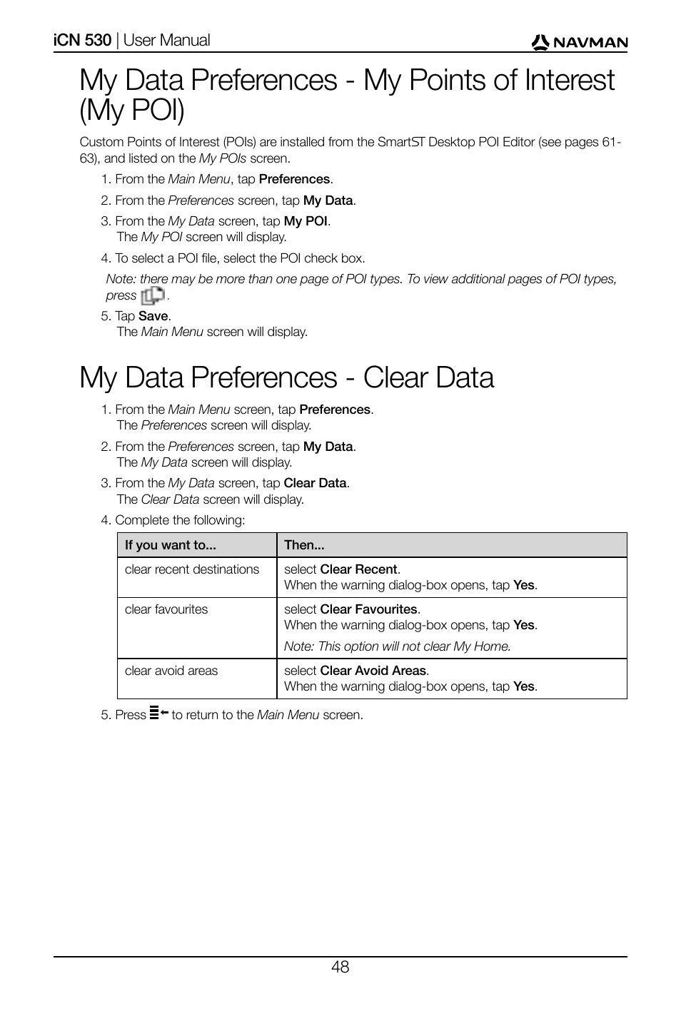My data preferences - clear data | Navman SmartS iCN530 User Manual | Page 48 / 72