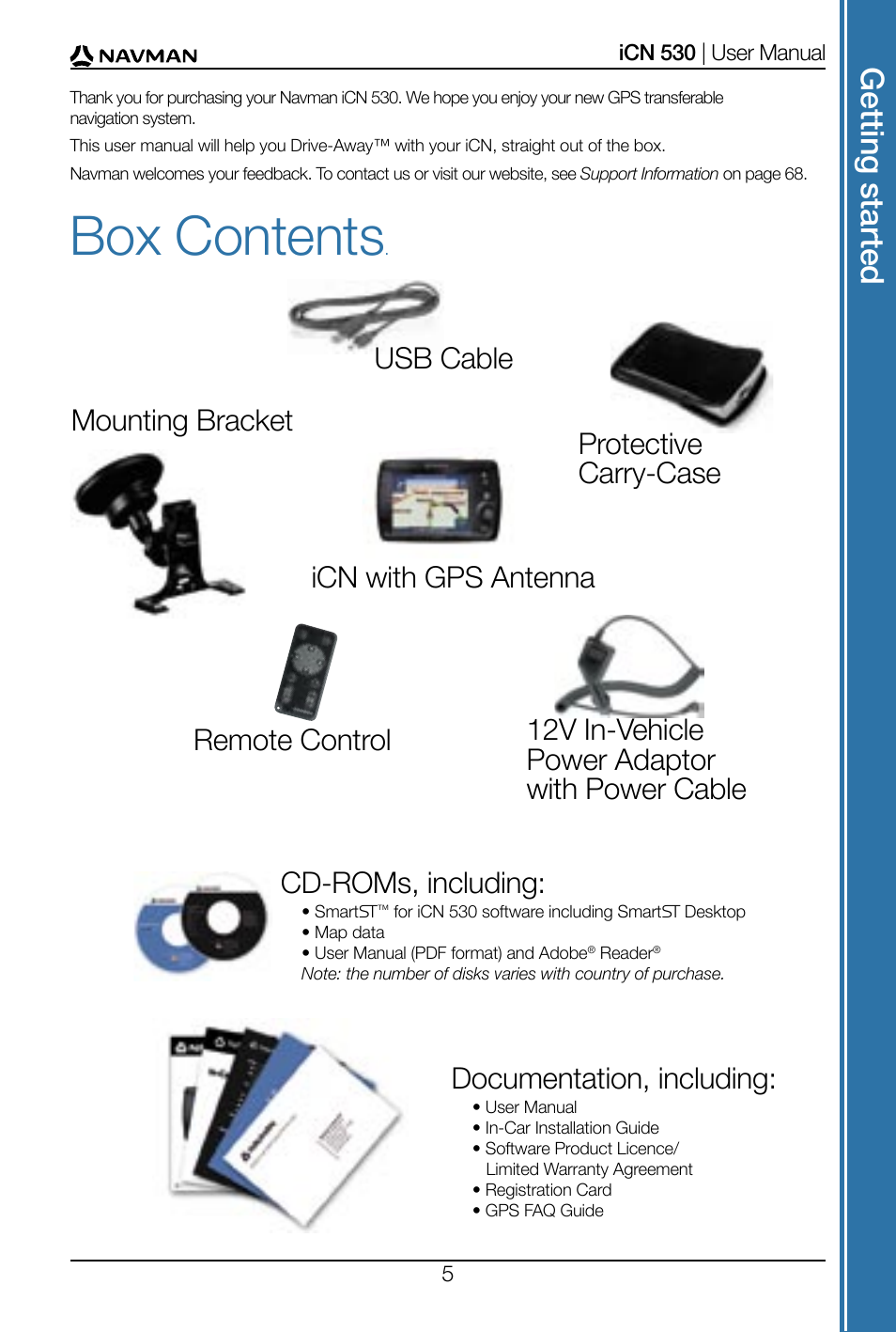 Box contents, Get tin g s ta rte d, Documentation, including | Remote control | Navman SmartS iCN530 User Manual | Page 5 / 72