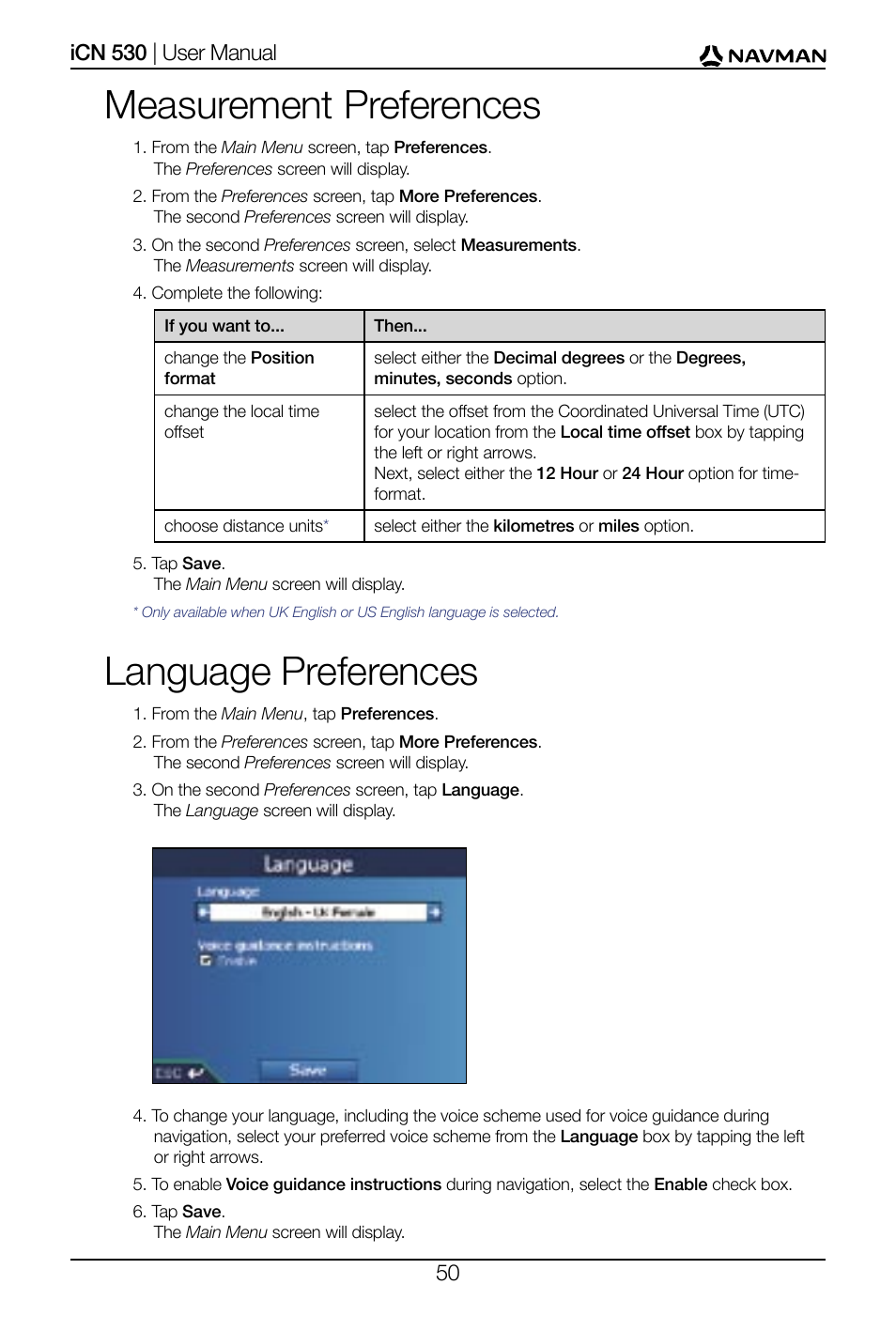 Measurement preferences, Language preferences | Navman SmartS iCN530 User Manual | Page 50 / 72