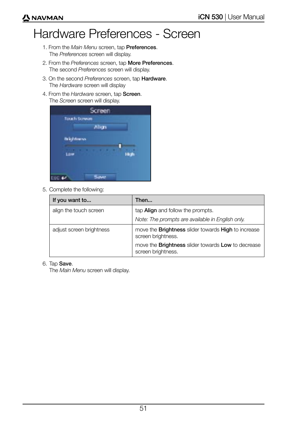 Hardware preferences - screen | Navman SmartS iCN530 User Manual | Page 51 / 72